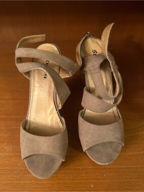 Styluxe Taupe Suede Double-Strap Open-Toe Heels